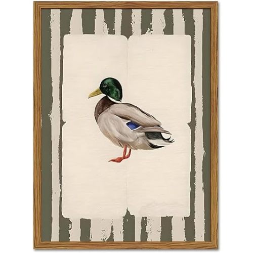 Framed Vintage Mallard Duck Wall Art, Country Farmhouse Duck Pictures Wall Decor, Rustic Wildlife Animal Paintings Canvas Prints Cottagecore Home Decor for Living Room Bedroom nursery 12x16 inch
