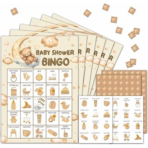Bear Baby Shower Bingo Party Game Cards, Moon and Stars Themed Gender Reveal Bingo Games, Pregnancy Announcement Favors Decorations, 24 Players for Adult Party Supplies -01