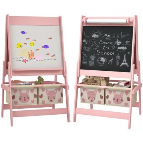 Qaba Art Easel for Kids with Paper Roll, 3 in 1 Toddler Painting Easel with Blackboard, Whiteboard, Storage Baskets, Pink