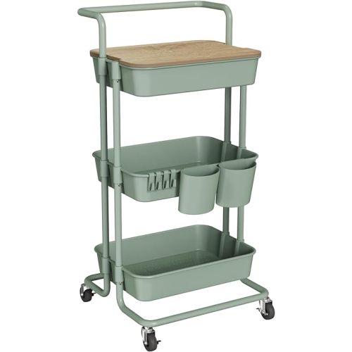DTK 3 Tier Rolling Utility Cart with Cover Top Board, Movable Kitchen Storage Cart Trolley with Lockable Wheels, Cups, Hooks for Kitchen Bathroom Home Office Art Craft Storage(Turquoise/Green)