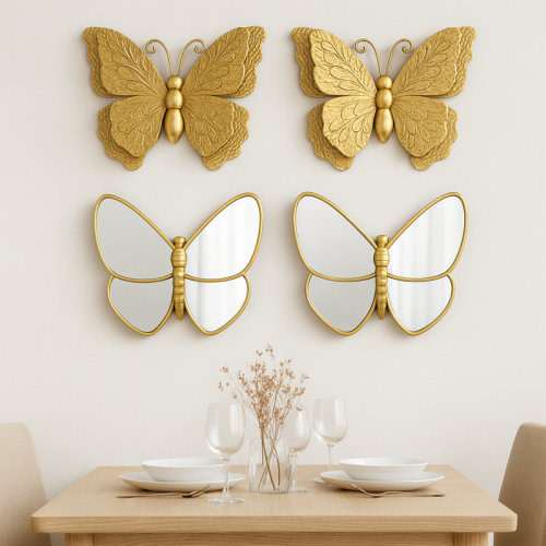 Mercer41 4 Piece Gold Butterfly Wall Decor Set, 3D Metallic Wall Sculpture & Mirrored Accents, Modern Glam Home Decor For Bedroom, Living Room, Nursery | Wayfair