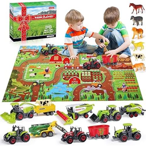 Oriate Farm Tractor Toys Vehicle with Animals & Activity Play Mat, 38Pcs Educational Realistic Kid's DIY Diecast Set, Kids Tractors Trailer Sprayer Cow Animal Toy Birthday Gift