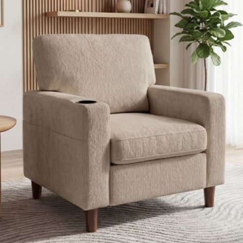 Dyonery Mid Century Modern Accent Chairs Set of 1,Chenille Comfy Arm Chairs with Cup Holder,Single Sofa Reading Chair for Bedroom,Easy Assembly Brown