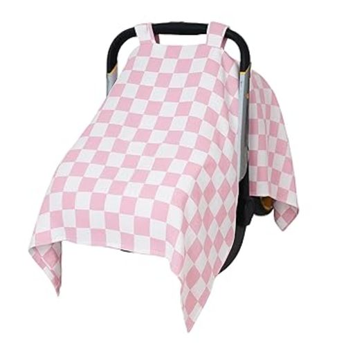 Muslin Car Seat Cover for Babies - Pink & White Checkered Infant Carrier Canopy, Soft & Breathable Baby Carseat Cover, Lightweight Sunshade for Summer, Universal Fit for Boys & Girls