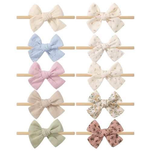 doboi 10PCS Baby Girls Headbands Hair Bows Nylon Cotton Linen Hairbands Handmade Hair Accessories for Newborn Infant Toddlers Little Girl and Kids 3.5Inches-Floral