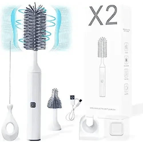 Electric Baby Bottle Brushes USB Rechargeable, Waterproof Bottle Cleaner Brush Wall-Mounted, with Silicone Bottle/Pacifier/Straw Brush, Two-Speed Cleaning Mode, 360° Rotating Cleaning, 1200mAh (Grey) - White With Grey Brush Head