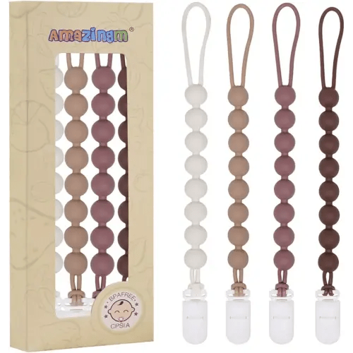 4 Pcs Brown Baby Silicone Teething Pacifier Clip,One-Piece Design,Round Shape,Smooth Surface,BPA Free.