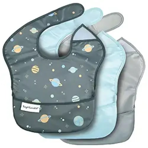 Tiny Twinkle Mess-Proof Baby Bibs for Eating | Waterproof, Wipeable Toddler Bibs with Catch-All Pocket | Feeding Bibs for Girls & Boys(3 Pack, Space)