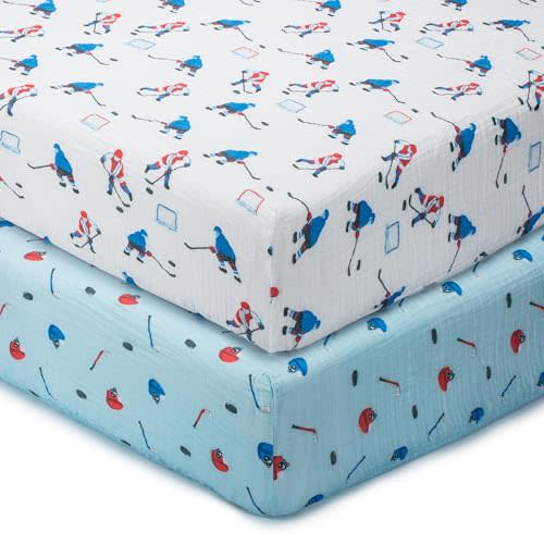 LollyBanks Baby Muslin Crib Sheets, Fitted for Standard 52"x28" Mattress | 2 Pack, 100% Premium Cotton, Soft, Breathable Baby Sheets for Crib, 360° Elastic Snug Fit (Ice Hockey and Hat)