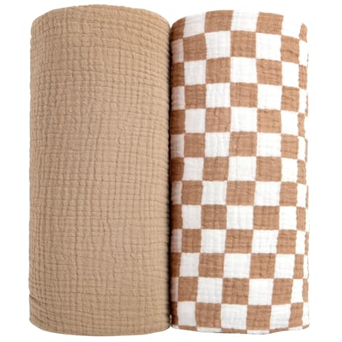 lulumoon Muslin Swaddle Blankets for Baby: Soft Cotton Newborn Receiving Blankets - Plaid Print Nursery Gift Set for Baby Girls(Mocha Plaid)