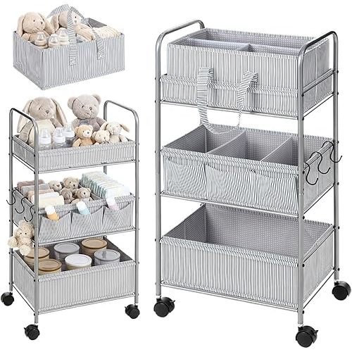 WILLBOND 2in1 Baby Diaper Caddy Organizer Cart, 3 Tier Large Capacity Metal Utility Bedside Rolling Cart with Divider for Newborn Registry Nursery Essential Must Have Gift Baby Shower Bedroom(Gray)