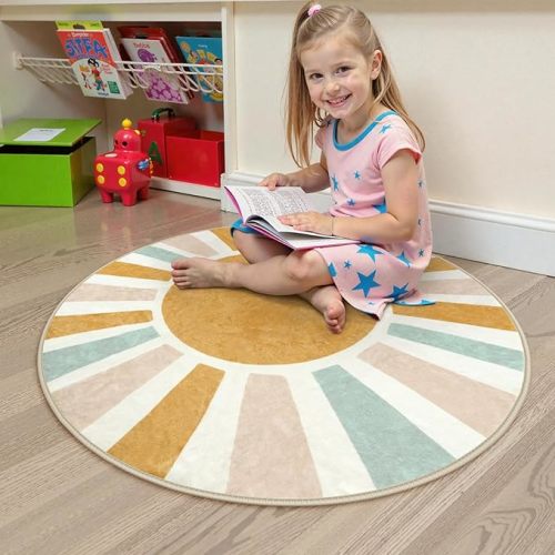 Retro Sun Round Rug 4ft Boho Rug for Nursery Room,Non-Slip Circle Ultra Soft Cute Colorful Kids Rugs for Bedroom,Washable Throw Area Rugs Carpet for Living Room Indoor Office