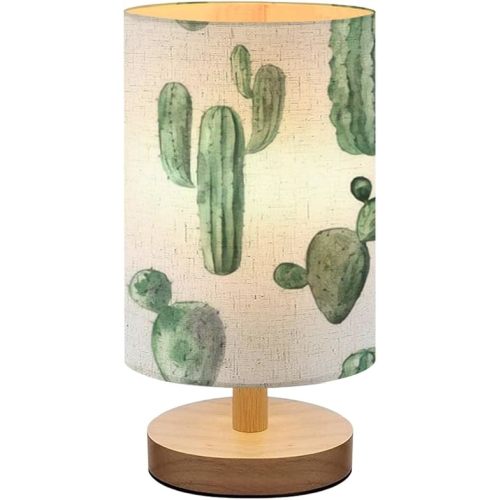 Exotic Cactus Succulents Small Lamp, Linen Shade, Dimmable Nightstand Lamp with Wood Base for Bedroom & Living Room