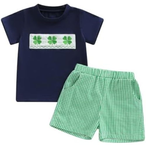 Karuedoo Toddler Baby Boy St Patricks Day Outfit Clover Embroidery Smocked Short Sleeve T-Shirt Top and Plaid Shorts Set