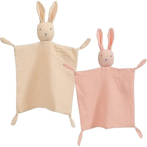 insular Bunny Lovey Blanket for Boys and Girls, Organic Cotton Muslin Security Blanket for Babies, Soft Breathable Lovie Soothing Towel for Newborn and Infant, 2 Pcs Set (Khaki&Pink)
