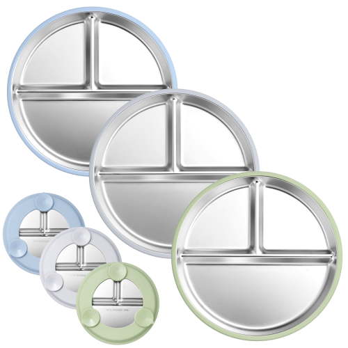 Vesteel 3-Piece Stainless Steel Toddler Plate with Suction, 9" Divided Dinner & Snack Plates with Removable Silicone Sleeves for Kids, Non Slip & Dishwasher Safe, Blue/Grey/Green