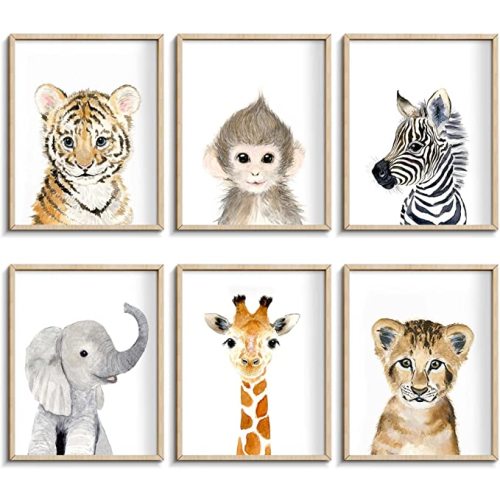 Nursery Baby Room Wall Art Decor, Jungle Nursery Baby Animal of Tiger Lion Elephant Decorations, Nursery Safari Cute Animal Decor for Baby Bedroom (8"x10", UNFRAMED)