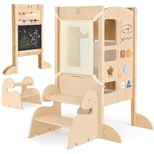 Joyreal Foldable Tower, Toddler Stool Helper with 2 Step Stool, Wooden Standing Tower with 6 Montessori Activity Games, Safety Net & Adjustable Height
