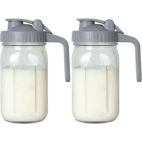 2PACK Breast Milk Pitcher 32oz Glass Pitcher with Lid, Leakproof Drip-Free Spout, Breastmilk Storage Pitcher for Fridge