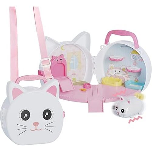 Portable Cat House Toy Playset - Simulated Pet Care with Bath Set, Feeding Set & Electronic Cat | Travel Toy with Handle & Crossbody Strap | Gift for Kids & Toddlers Ages 3-8+
