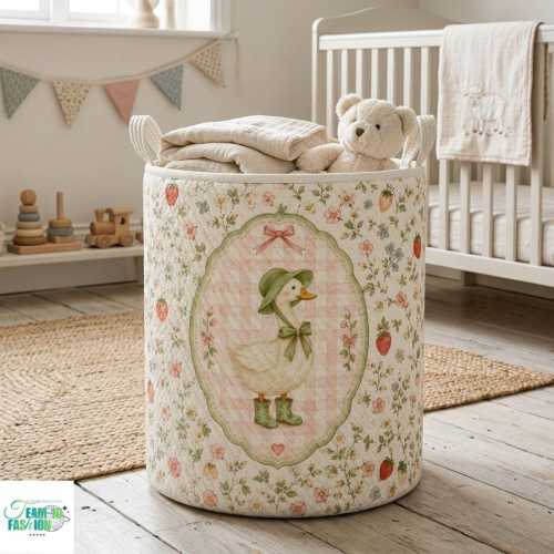 Vintage Goose Floral Quilted Laundry Basket, Cottagecore Storage Bin, Farmhouse Nursery Hamper, Cute Duck Room Decor Gift