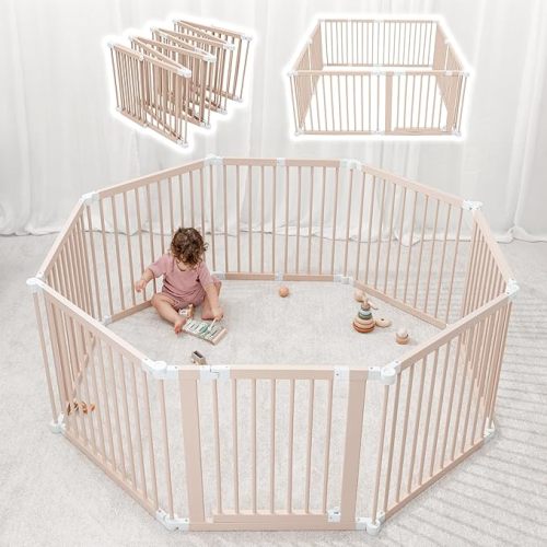 Comfy Cubs Baby Playpen & Gate - 144 x 144 x 63 cm, Extends Up to 579 cm - Pine Wood Foldable Playpen with Child-Proof Lock - Safe Play Fence Easy Assembly Baby Play Yard - Sage