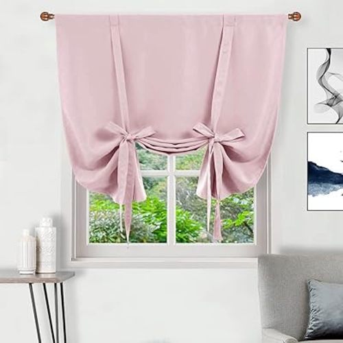 DWCN Blackout Curtains-Tie Up Shade for Window Thermal Insulated Room Darkening Rod Pocket Balloon Window Shades Curtains for Kitchen&Bathroom, Blush Pink, W42 X L63 Inches, 1 Panel