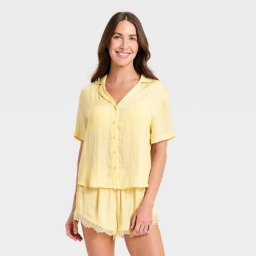 Women's Luxury Collection Satin Notch Collar Top and Lace Trim Shorts Pajama Set - Auden™ Yellow S