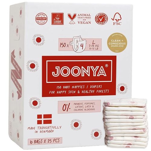 Joonya Baby Diapers, Size 4 L (15-31 lb) - 6 Bags of 25 (150) - Non Toxic, Eco-Friendly, High Absorbency, Overnight Use, Ultra Slim & Soft - Made in Denmark