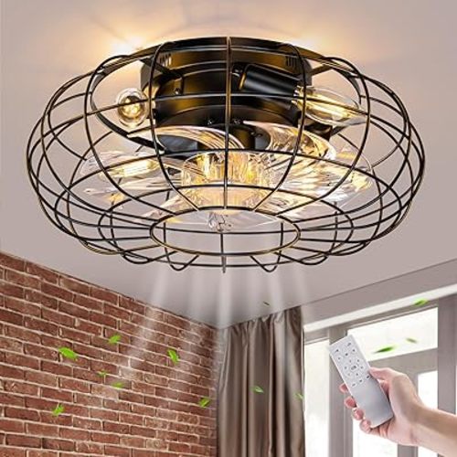 Ceiling Fan with Lights, 16 Inch Caged Ceiling Fan Lights Remote Control Small Industrial Ceiling Fan Light Fixture Flush Mount Farmhouse Light 8 Speeds Bladeless Lights for Bedroom Kitchen
