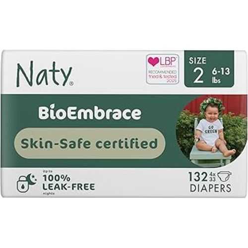 Naty BioEmbrace Baby Newborn Diapers | Sensitive Skin Safe Certified | Leak Protection up to 100% | Plant-Based Teddy Softness, Premium Comfort | Chlorine-Free | Size 2 (6–13 lbs), 132 Count