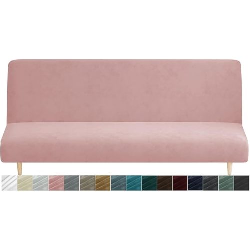 MAXIJIN Velvet Futon Cover Full Size Stretch Futon Mattress Cover Thick Soft Armless Sofa Bed Slipcover Plush Couch Furniture Protector with Elastic Bottom, Machine Washable (Dusty Pink)