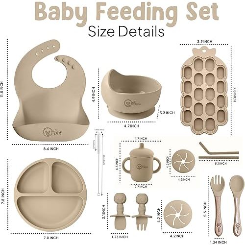 O'doe Baby Weaning Set – 15 Pcs Silicone Baby Feeding Set with Suction Plate, Bowl, Bib, Sippy Cup, Fruit Feeder, Freezer Tray