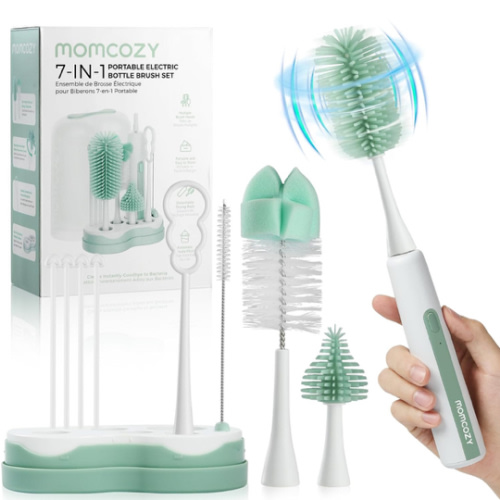 Momcozy 7 in 1 Electric Bottle Brush Kit, Portable Cleaning Set with Formula Mixer, Silicone Brush, Nipple Brush, Straw Brush, Soap Dispenser, Drying Rack - Long Battery Life for Home & Travel