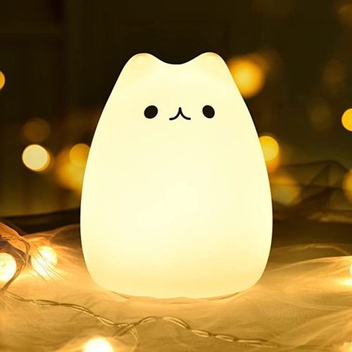 Goline Lámpara LED de mesilla de noche con forma de gato, multicolor silicona suave para habitación del bebé, control, blanco cálido y 7 modos de luz sensible, 12 horas uso portátil., Lindo, Celebrity Cat