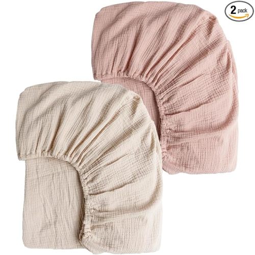 Konssy 2 Pack Muslin Crib Sheets for Standard Crib Mattress, 52" x 28" | 100% Cotton, Soft & Breathable, 360° Elastic Snug Fit, Solid & Printed Designs for Baby Girls & Boys (Pink,Cream)
