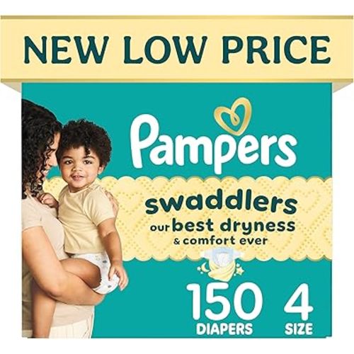 Pampers Swaddlers Diapers, Size 4 (15-34 lbs), 150 Count, Hypoallergenic, Absorbent, Keeps Baby Dry and Comfortable, Skin Safe Disposable Baby Diaper