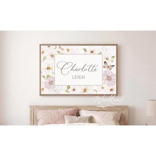 Personalized Name Pink Floral Wall Art Sign, Girls Name Nursery Girls Room Decor, Vintage Pink Floral Custom Nursery Wall Decor