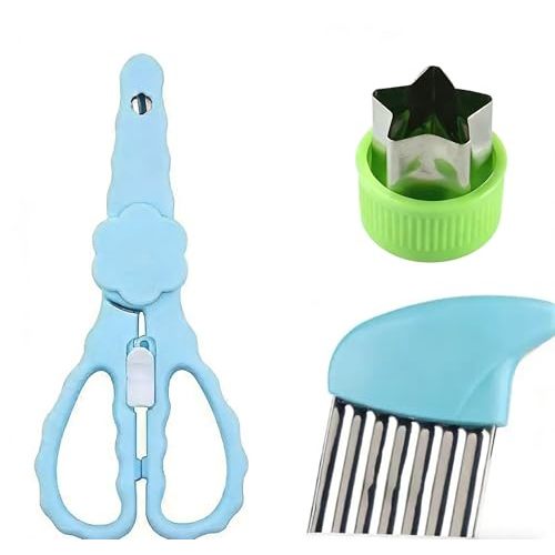 Bbay Food Scissors with Crinkle Cutter, Blue | Potato Carrot Chip Slicer, Vegetable Wavy Chopper, Portable Stainless Steel Shears, Safety Lock