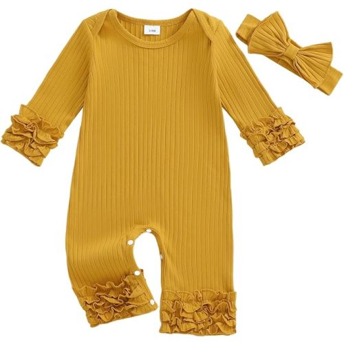 Newborn Baby Girl Clothes Jumpsuit Ruffle Romper Bodysuit Pants Headband One-Piece Coming Home Hospital Outfits