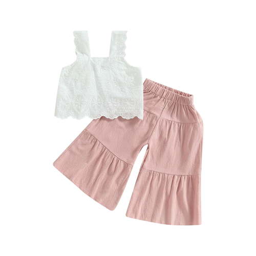 Loicainy Kids Toddler Girls Summer Outfit 18 24 Months 2T 3T 4T 5T 6T Solid Color Sleeveless Lace Tank Tops and Elastic Casual Wide Leg Pants Summer Clothes Set