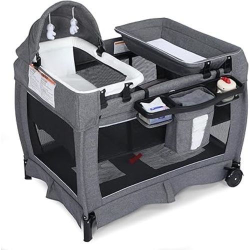 TODEFULL 4 in 1 Multifunctional Pack and Play, Foldable Baby Playards with Changing Table & Breathable Mesh, Baby Playpen for Babies and Toddlers, Grey