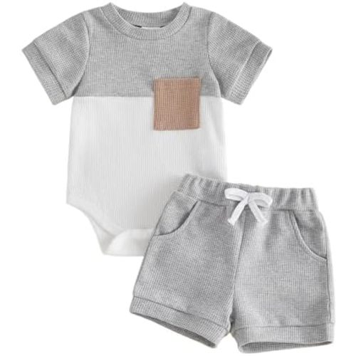 Newborn Baby Boy Summer Outfit Set Contrast Color Romper Tops With Elastic Waist Shorts Cute Infant Waffle Clothes