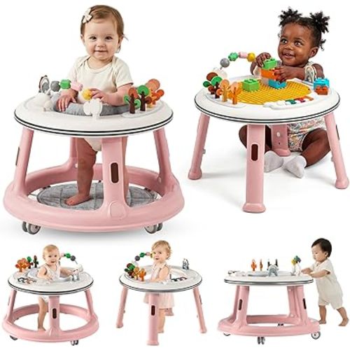 5-in-1 Musical Light Baby Walker, Featuring a Unique Building Block Table Mode, Standing Table, Bouncer & Stroller Modes. Sturdy Construction with Adjustable Height, Suitable for Babies 6 Months+ Pink