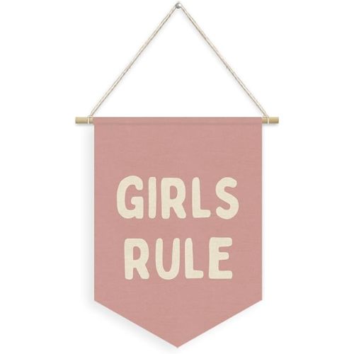 Pink Girl Room Decor,Girls Rule Linen Pennant Banner,Toddler Girl Room Decor Wall Hanging for Nursery Playroom Toddler Bedroom Living Room
