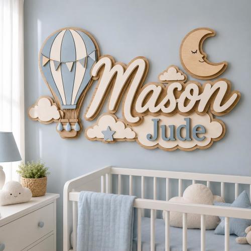 Personalized Hot Air Balloon Name Sign, Nursery Wall Decor, 3D Wood Baby Name Sign, Boho Baby Room Decor, Custom Name Plaque