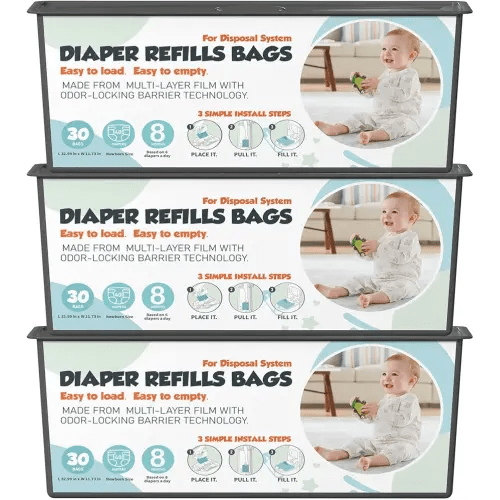 Diaper Pail Refills Bags with 30 Bags Compatible with Genie Easy Roll Signature and Platinum Diaper Pails, 7-Layer Odor-Barrier Technology, 3 Pack (90 Bag)