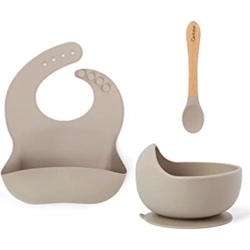 Ginbear Baby Bowls with Suction, Silicone Bibs, Self Feeding Spoons, Led Weaning Supplies, Toddler Eating Set for Ages 6 Months+ (Almond)