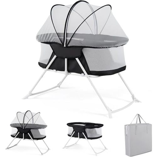 BABY JOY 2 in 1 Bassinet, Foldable Bedside Crib with Breathable Mesh, Comfortable Mattress, Zippered Net Canopy & Portable Bag, Bassinet Bedside Sleeper for Baby, Infant & Newborn (Black)