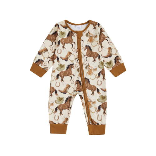 BemeyourBBs Newborn Baby Boy Western Cowboy Outfit Fall Romper Horse/Cactus Print Long Sleeve Zip Jumpsuit Clothes